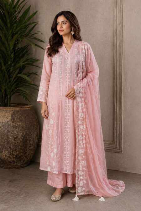 Novera - Baby Pink Organza Suit Set