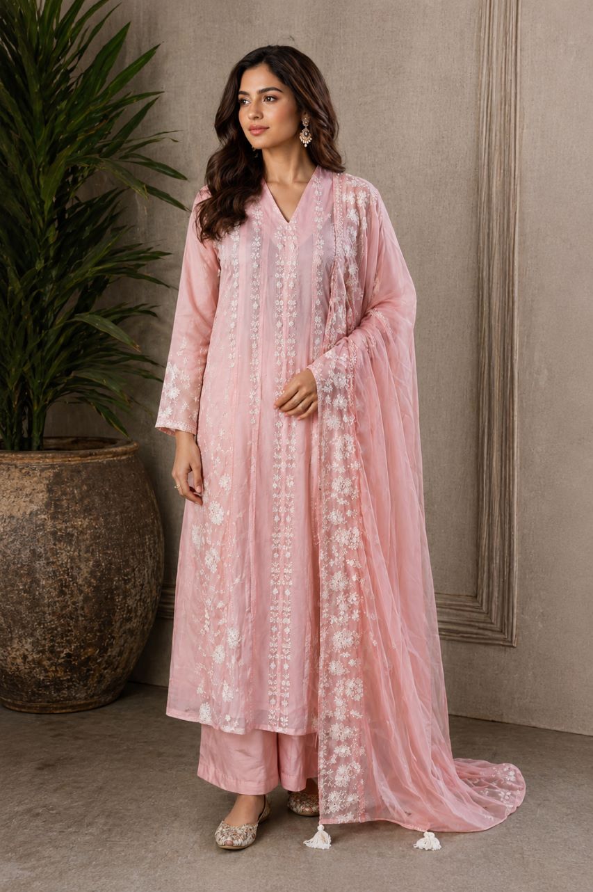 Novera - Baby Pink Organza Suit Set