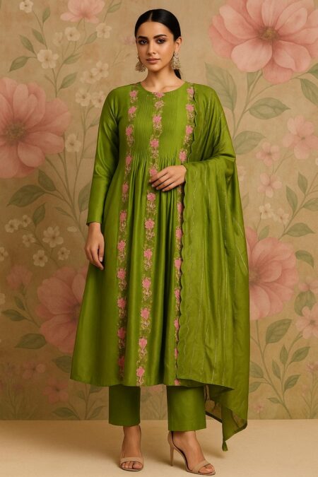Zoe - Olive Blossom Mul Chanderi Suit Set