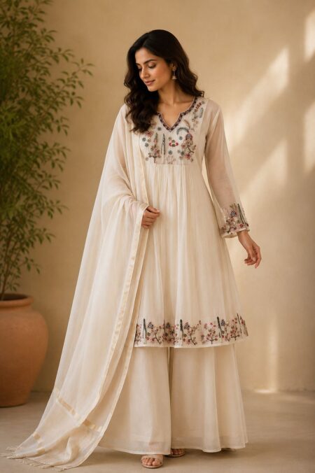 Novera - Ivory Meadow Chanderi Suit Set